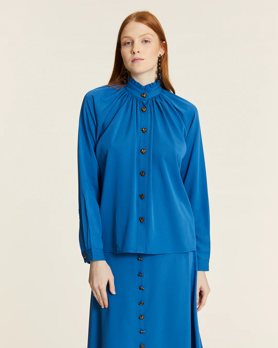 Blue Button-UP High Neck Blouse Pretty Style